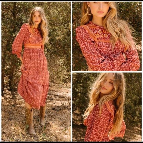 Boho Rust Floral Ruffle Midi Dress | Smocked Waist Prairie Dress - Picture 3 of 7